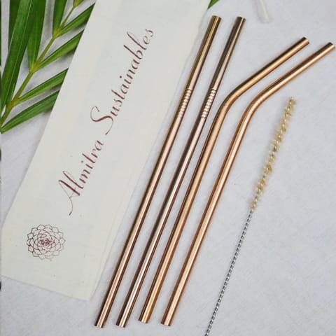 Reusable Copper Straw with Cleaner (2 Bent & 2 Straight) - Pack of 4