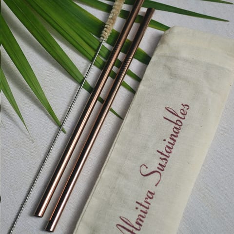 Reusable Straight Copper Straw (Pack of 2) with Cleaner