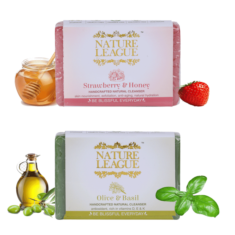 Strawberry & Honey with Olive & Basil Soap Combo - Natural Handcrafted Soap, 210 gms