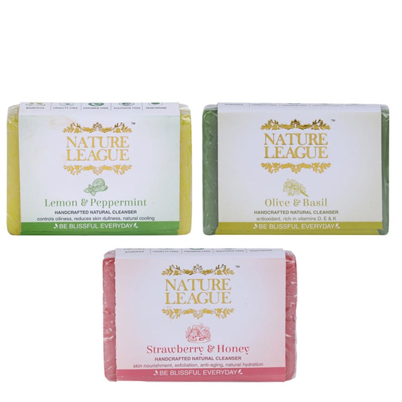 Strawberry & Honey, Olive & Basil and Lemon & Peppermint Soap Combo - Natural Handcrafted Soap, 315 gms