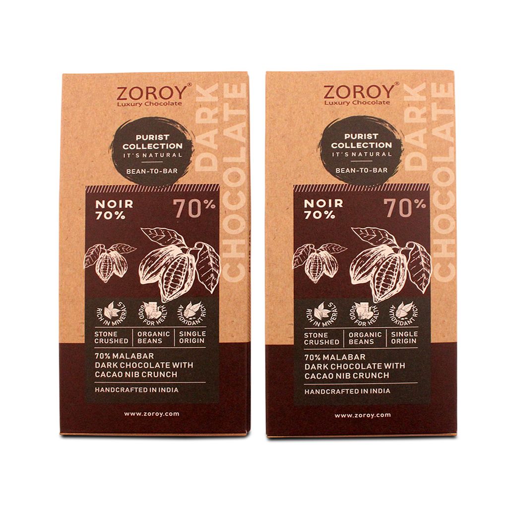 Noir 70% Dark Organic Bar with cacao nib crunch - 116 gms, (Set of 2)