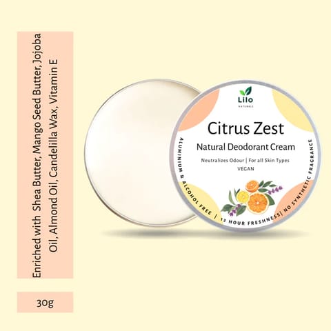 Natural Deodorant Cream| Citrus Zest | Enriched with Shea Butter, Mango Butter, Jojoba & Almond Oil