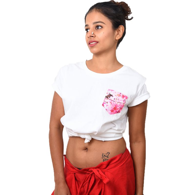 White Cherry Blossom Printed Pocket Women's T-shirt