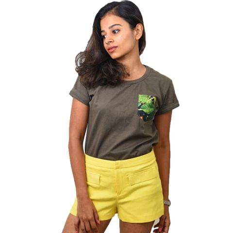 Olive Green Coffee Printed Pocket Women's T-shirt