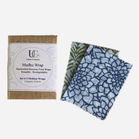 Madhu Wrap (Beeswax food wrap) Set of 2 Medium Wraps in Certified Organic Fabric