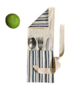 Tanuka Travel Cutlery Wrap/Pouch  in Organic Indian 'Kala Cotton' ( Dark blue lines/ Blue Stripes/ Red Stripes)